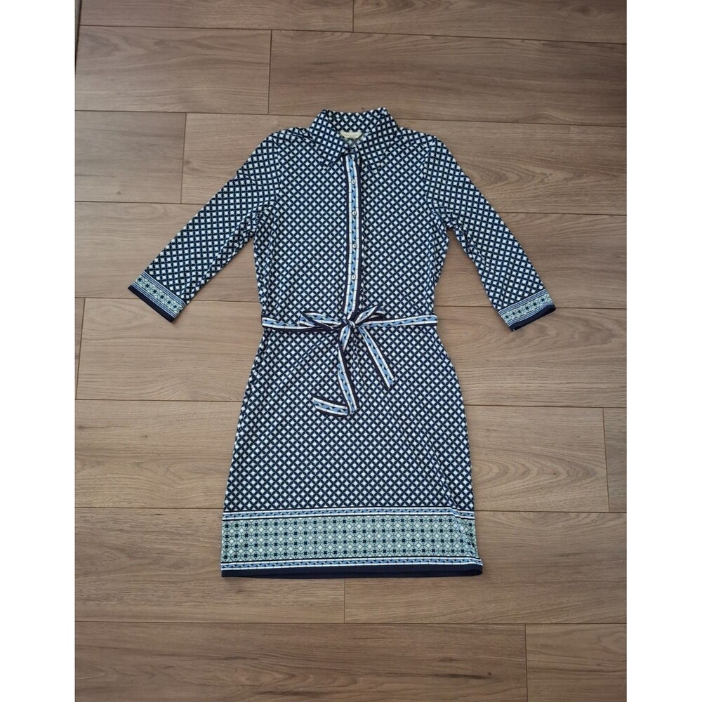 Max Studio Women's Belted Shirt Dress XS Blue Geometric Print 3/4 Sleeves